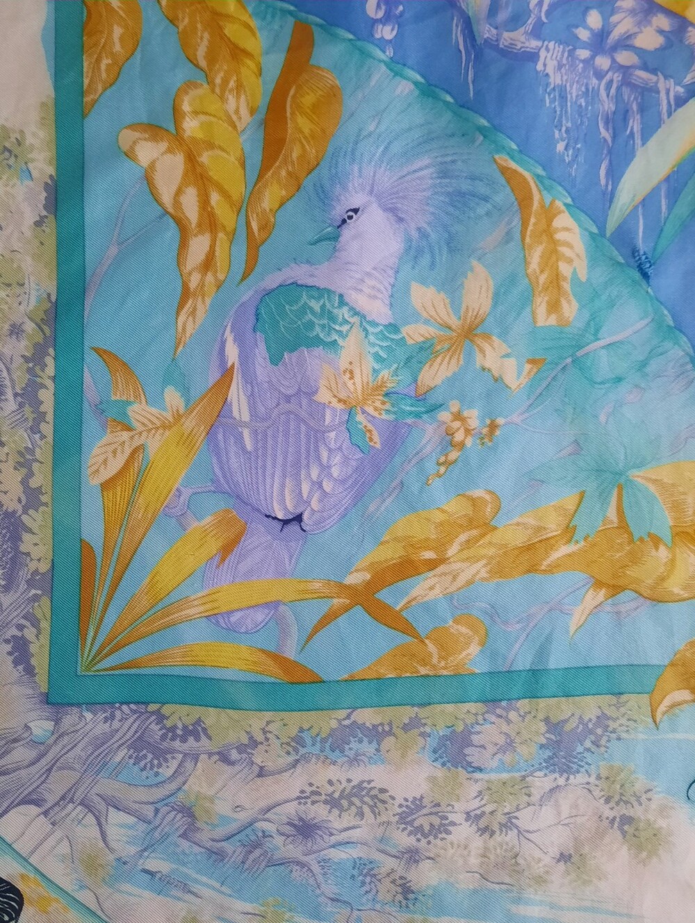 Vintage HERMÈS Tropiques Silk Twill Scarf 90cm Blue/Multi (Altered/Trim Added) - Picture 11 of 16